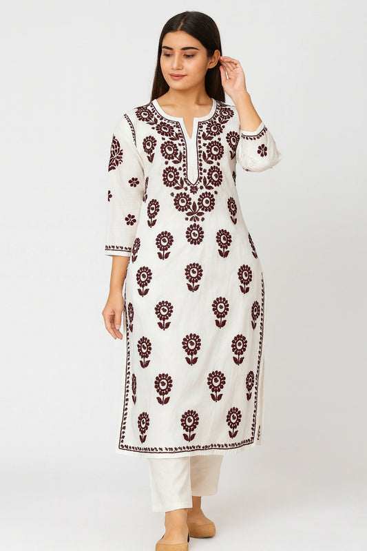 Lucknow Fashion Diary Hand Embroidered Lucknowi Chikankari Women's White Chanderi Kurti 