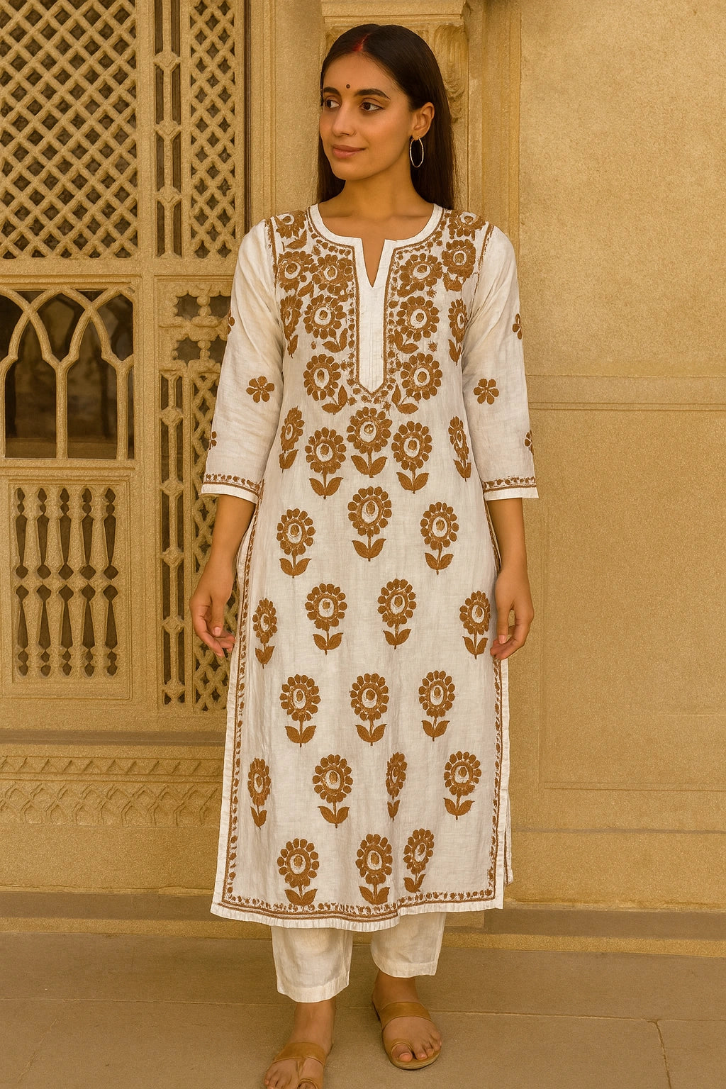 Lucknow Fashion Diary Hand Embroidered Lucknowi Chikankari Women's White Chanderi Kurti 