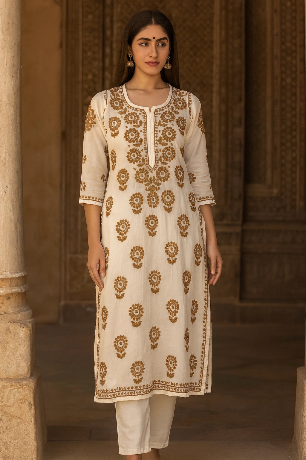 Woman wearing a white kurta with gold embroidery in an indoor setting.