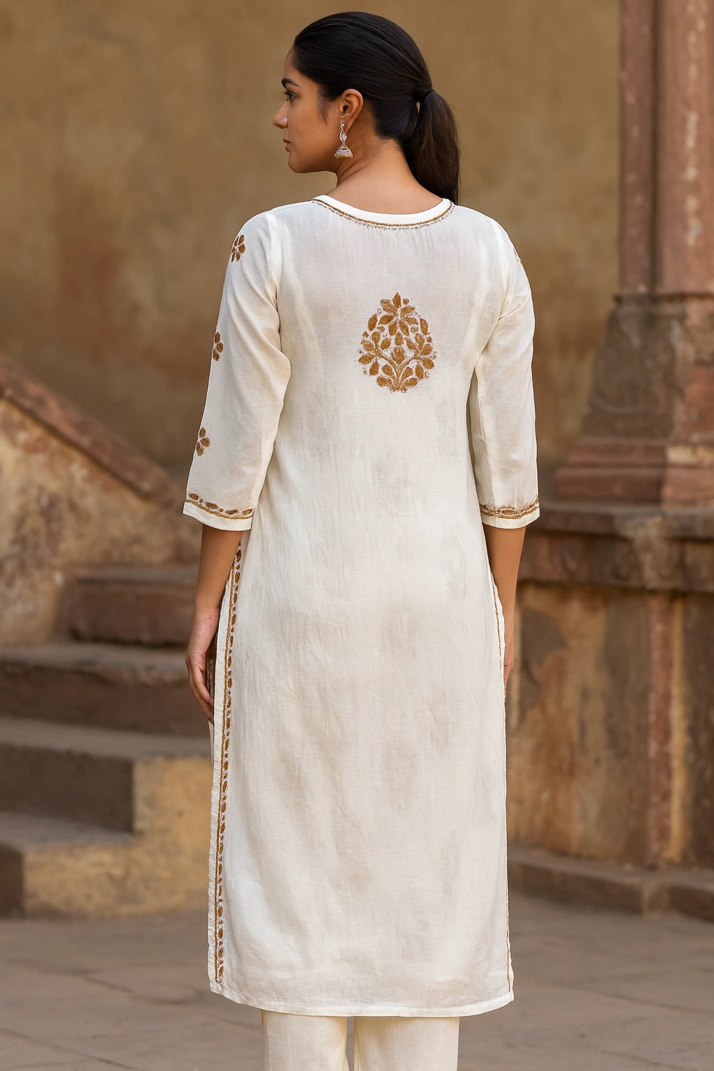 Woman wearing a cream kurta with gold embroidery in an outdoor setting.