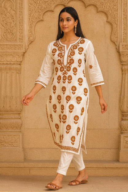 Lucknow Fashion Diary Hand Embroidered Lucknowi Chikankari Women's White Chanderi Kurti 