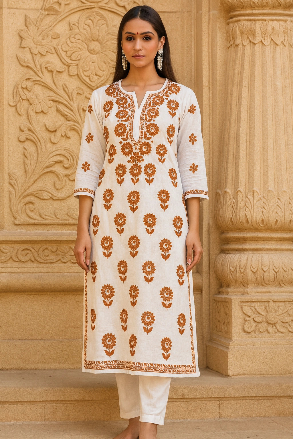 Woman wearing a lucknowi chikankari white kurta with brown floral patterns in front of an ornate beige wall.