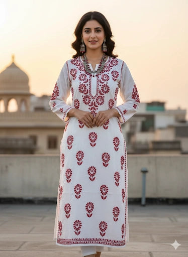 Lucknow Fashion Diary Hand Embroidered Lucknowi Chikankari Women's White Chanderi Kurti 