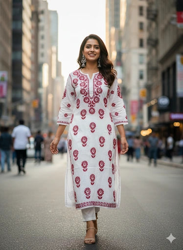 Woman in a lucknowi chikankari white kurta with red floral patterns walking on a city street.