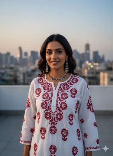 Woman in a lucknowi chikankari white and red patterned dress with a city skyline in the background