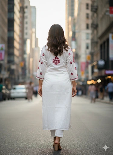 Woman in a white embroidered kurta walking down a city street.