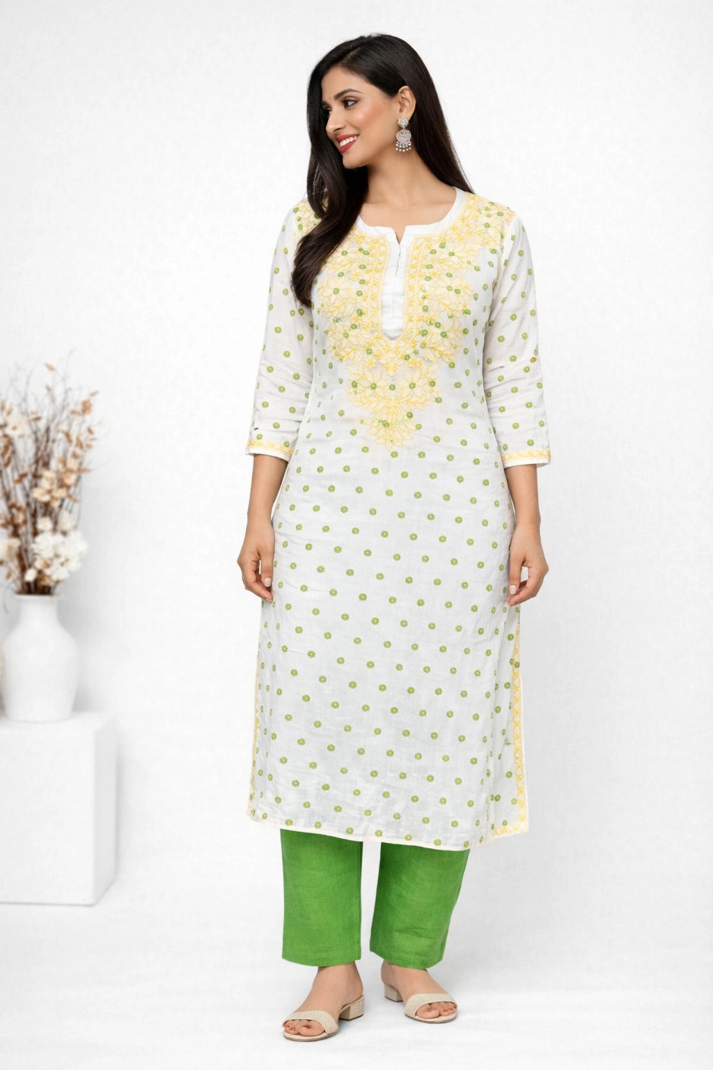 Lucknow Fashion Diary Hand Embroidered Lucknowi Chikankari Women's White Chanderi Kurti 