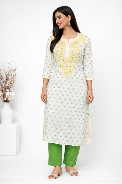 Lucknow Fashion Diary Hand Embroidered Lucknowi Chikankari Women's White Chanderi Kurti 