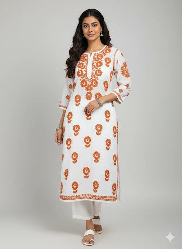 Lucknow Fashion Diary Hand Embroidered Lucknowi Chikankari Women's White Chanderi Kurti 