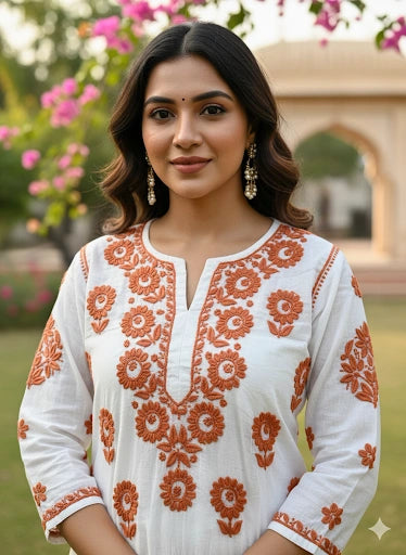 Woman wearing a white and orange embroidered traditional outfit with a blurred garden background