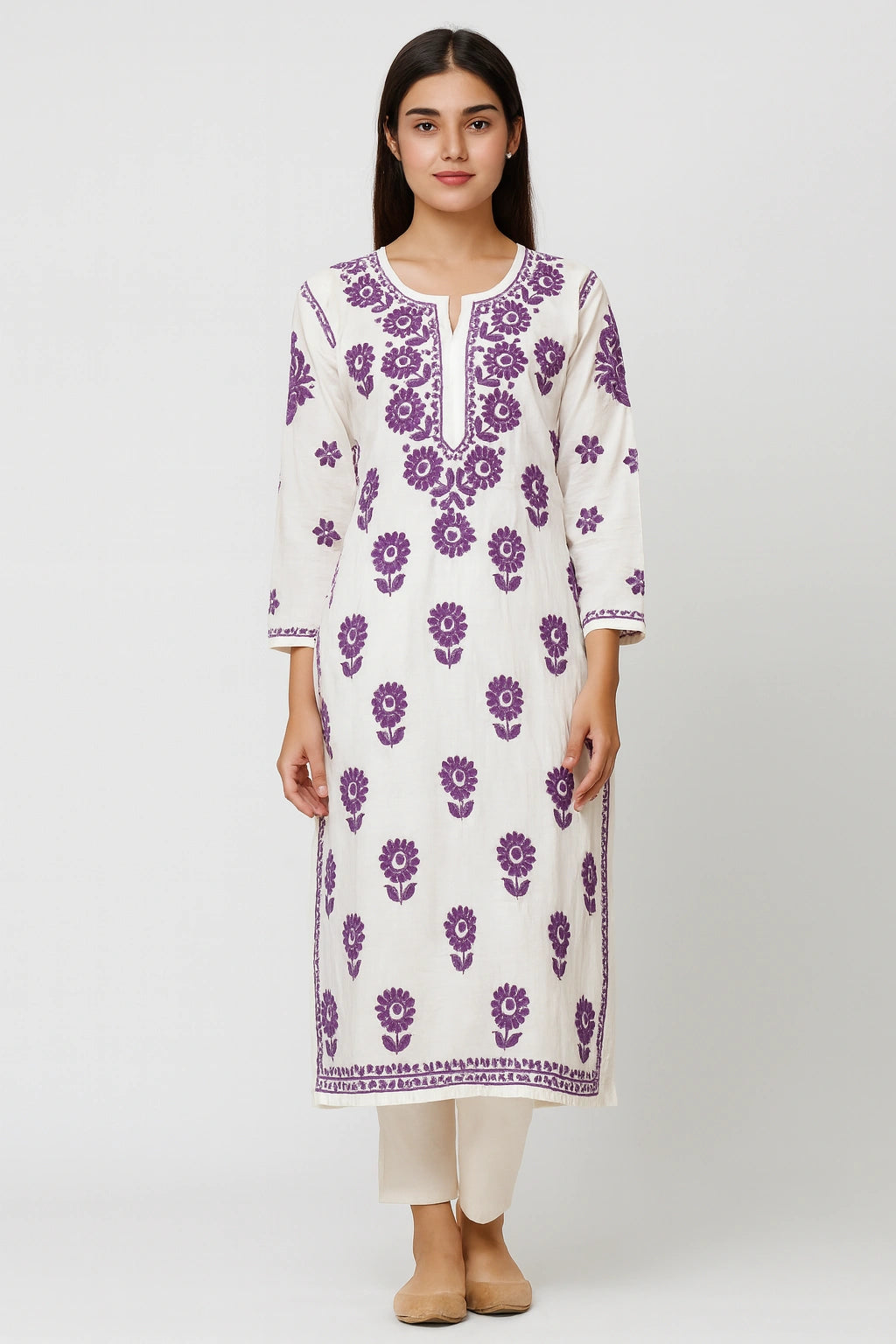 Lucknow Fashion Diary Hand Embroidered Lucknowi Chikankari Women's White Chanderi Kurti 