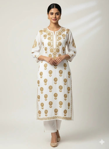 Lucknow Fashion Diary Hand Embroidered Lucknowi Chikankari Women's White Chanderi Kurti 