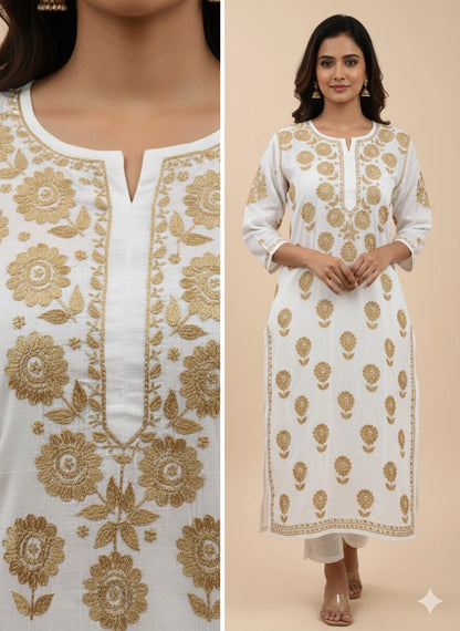 White kurta with gold floral embroidery worn by a model on a beige background