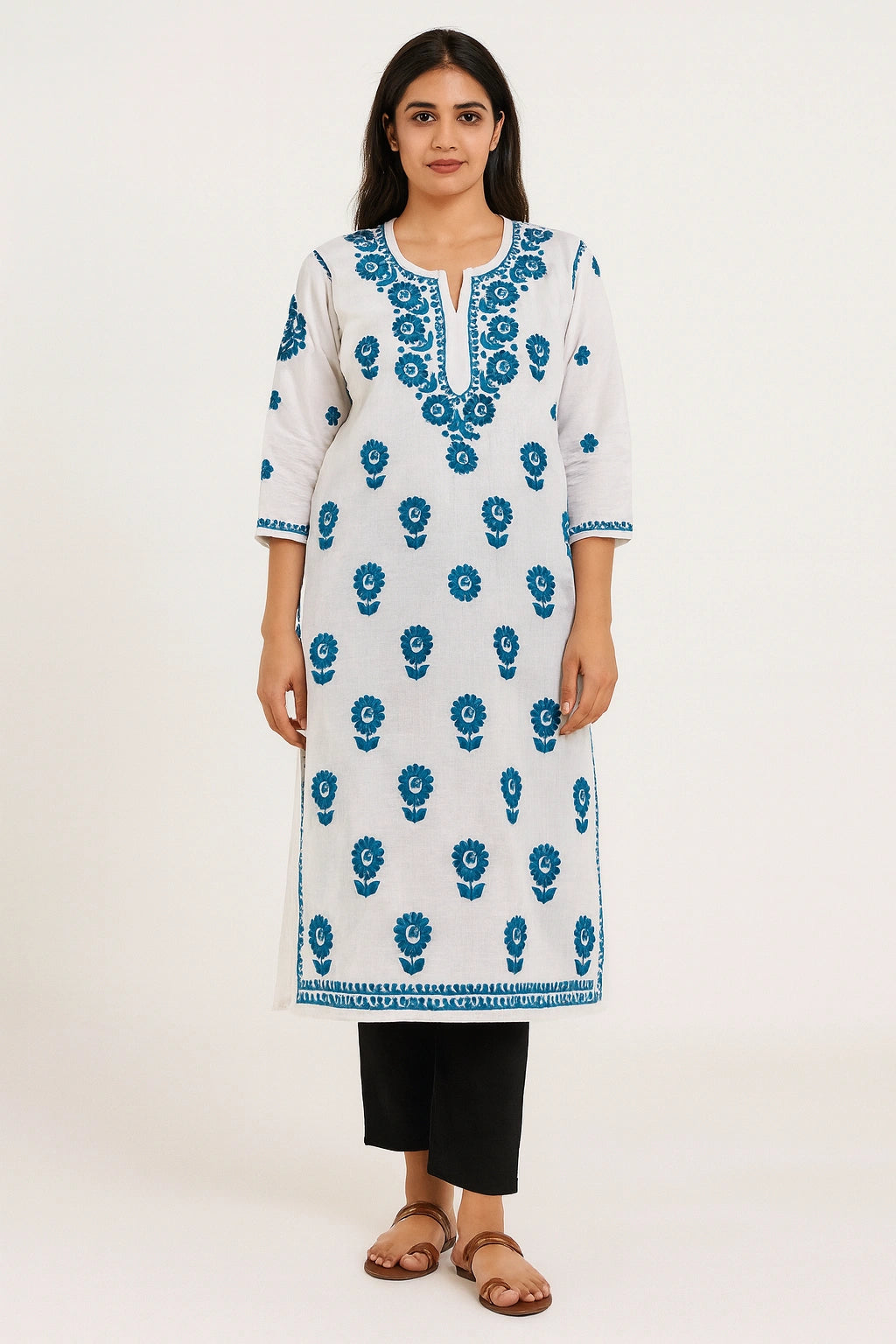 Lucknow Fashion Diary Hand Embroidered Lucknowi Chikankari Women's White Chanderi Kurti 