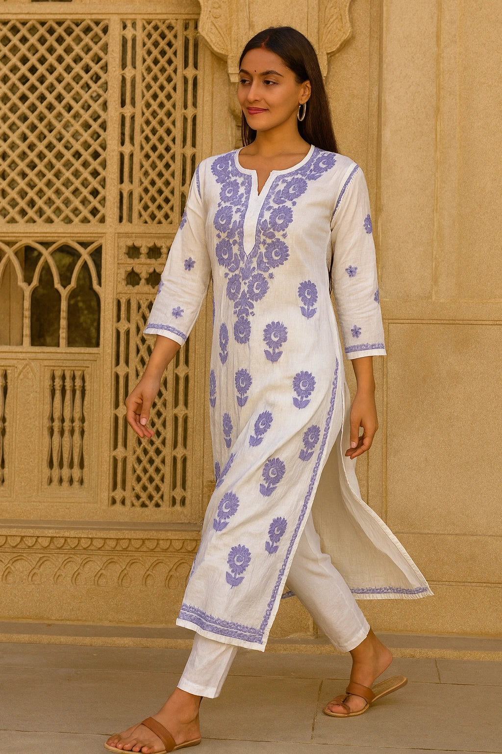 Lucknow Fashion Diary Hand Embroidered Lucknowi Chikankari Women's White Chanderi Kurti 