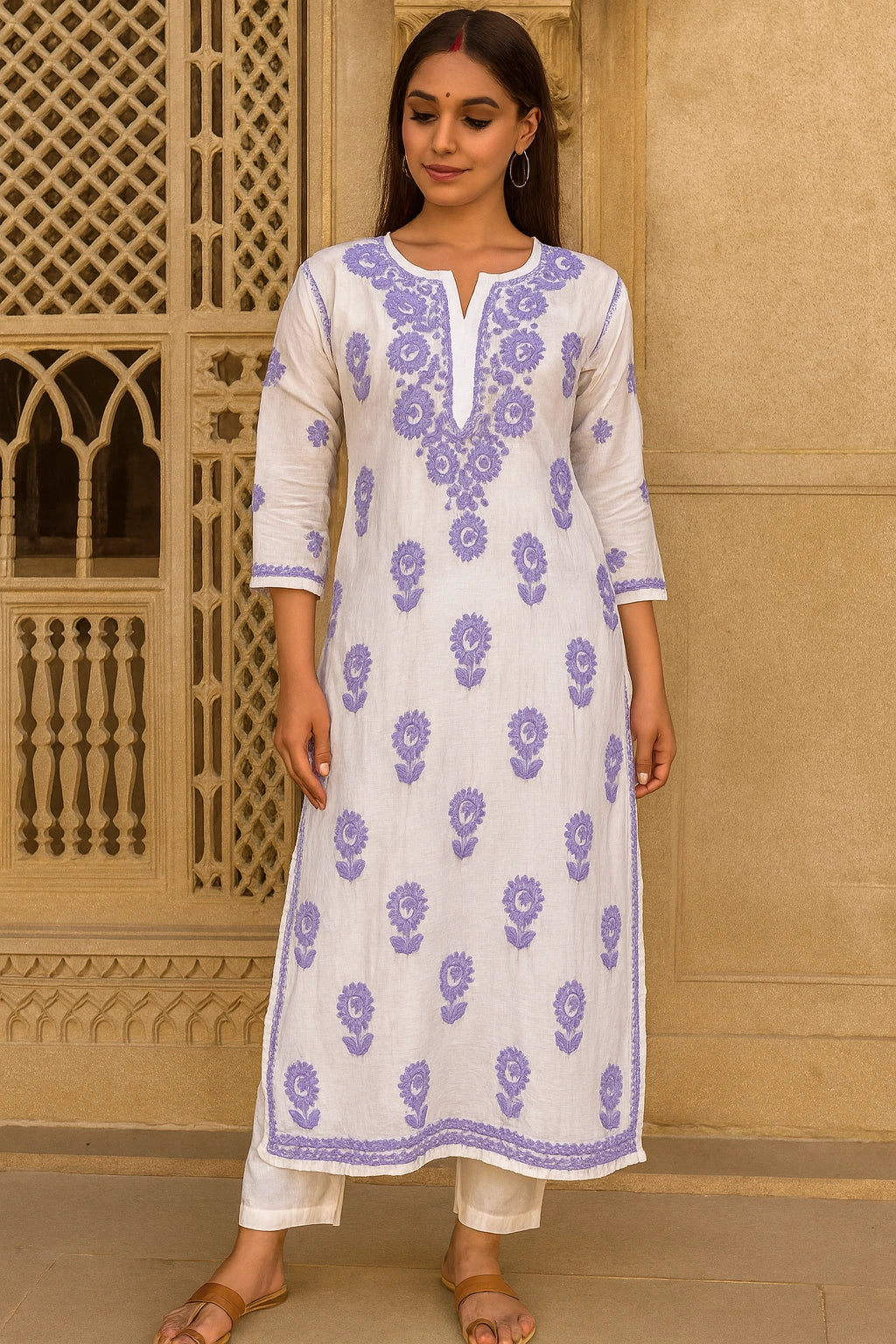 Woman wearing a lucknowi chikankari  white kurta with purple floral patterns in front of a decorative wall.
