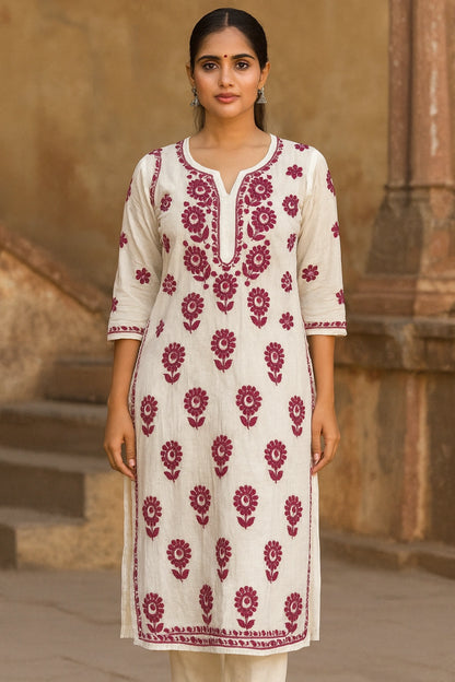 Lucknow Fashion Diary Hand Embroidered Lucknowi Chikankari Women's White Chanderi Kurti 