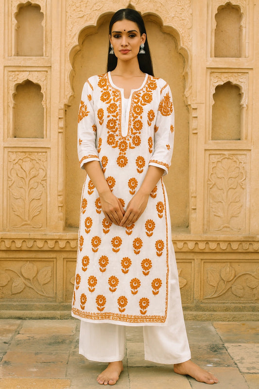 Lucknow Fashion Diary Hand Embroidered Lucknowi Chikankari Women's White Chanderi Kurti 
