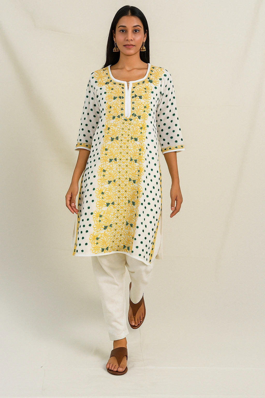 Lucknow Fashion Diary Hand Embroidered Lucknowi Chikankari Women's Plus Size White Chanderi Kurti 