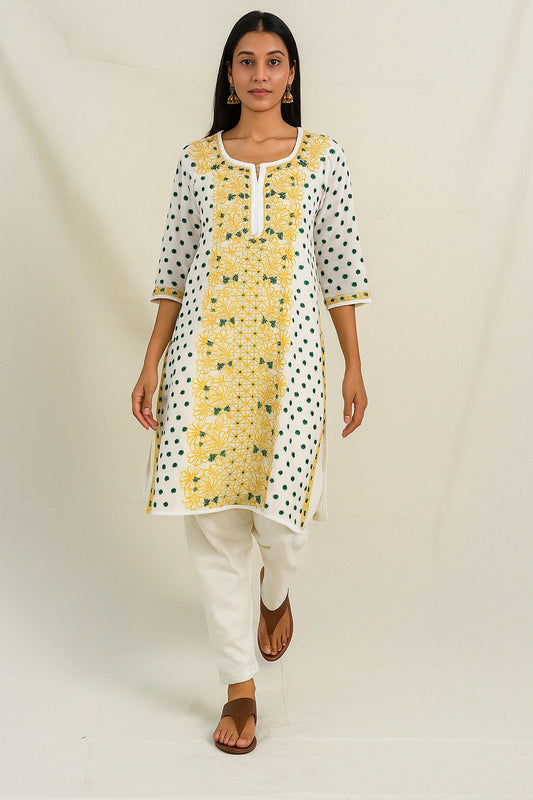 Lucknow Fashion Diary Hand Embroidered Lucknowi Chikankari Women's Plus Size White Chanderi Kurti 