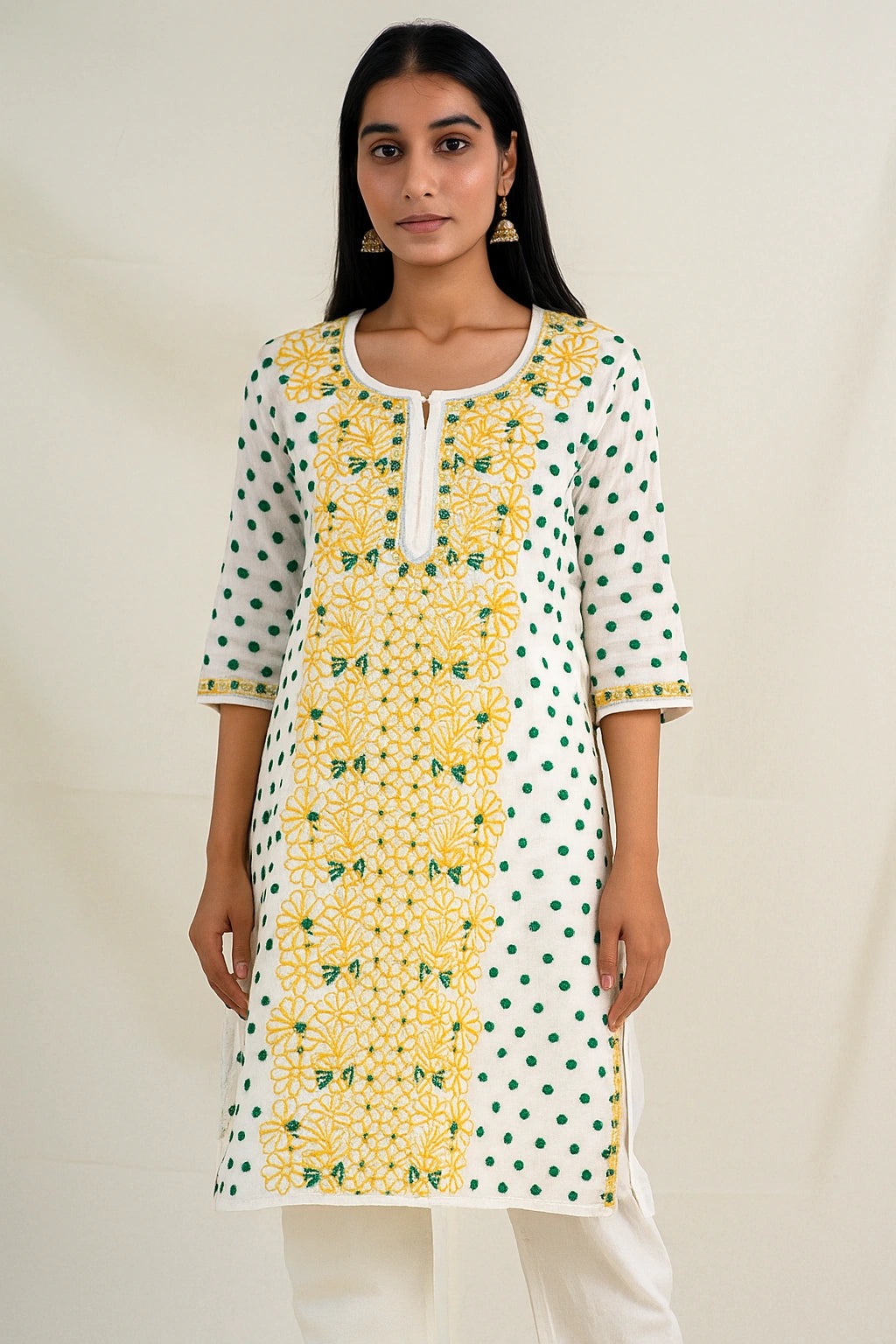 Woman wearing a lucknowi chikankari white kurta with yellow and green floral patterns on a plain background