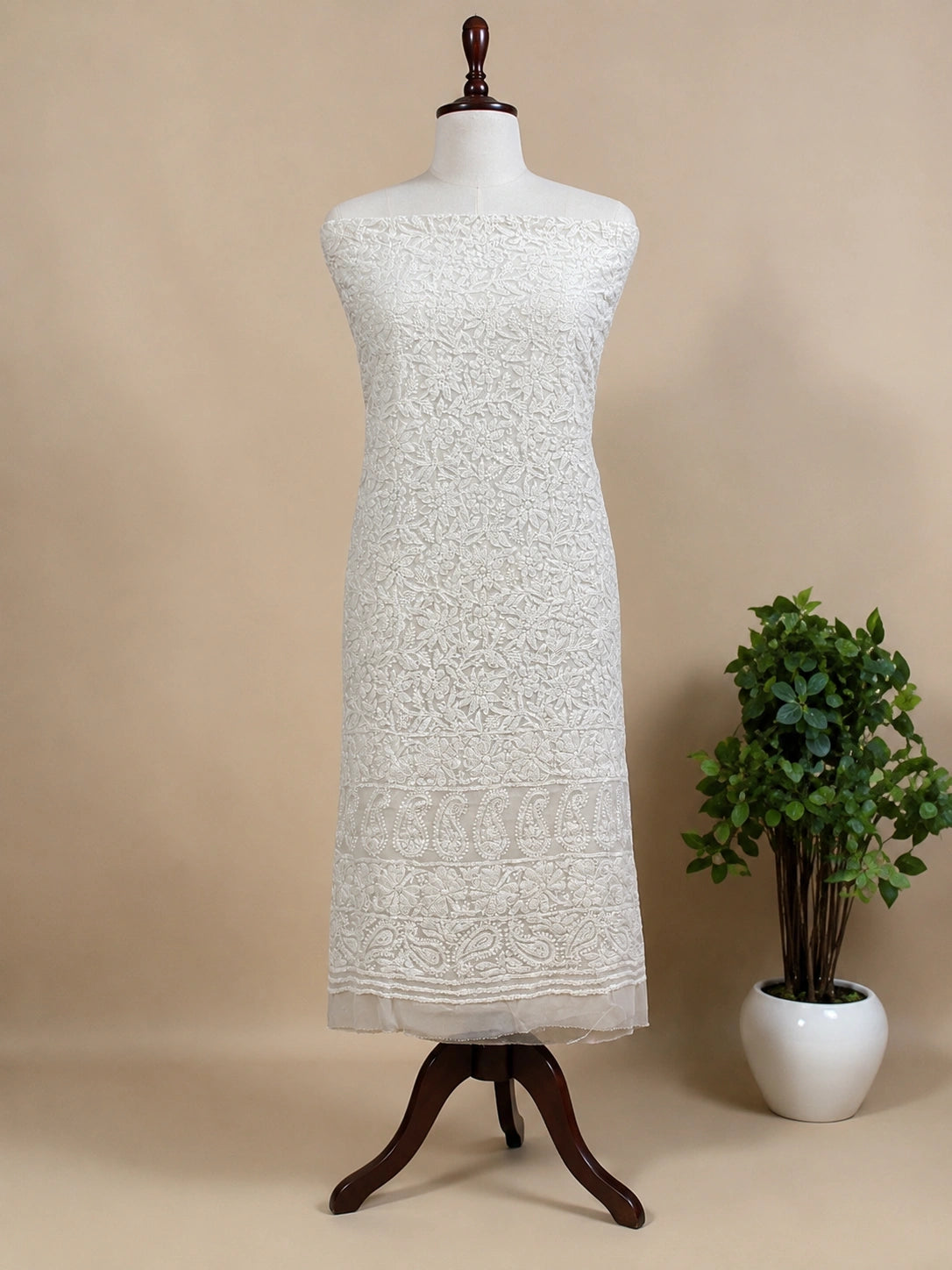 Lucknow Fashion Diary Hand Embroidered Lucknowi Chikankari Women's Unstitched White Georgette Kurta
 Dupatta Bottom Fabric 