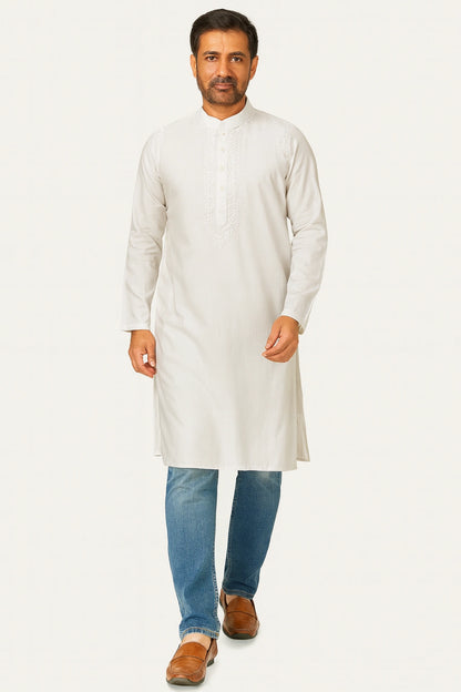 Lucknow Fashion Diary Hand Embroidered Lucknowi Chikankari Men's White Cotton Kurta
