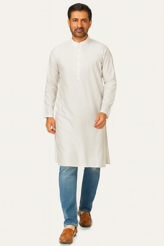 Lucknow Fashion Diary Hand Embroidered Lucknowi Chikankari Men's White Cotton Kurta