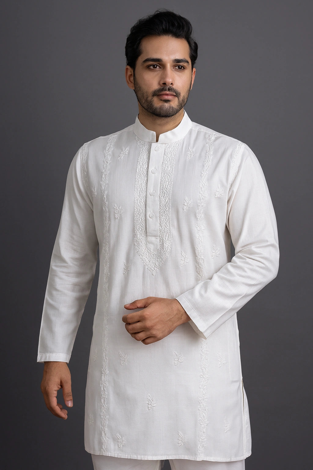 Lucknow Fashion Diary Hand Embroidered Lucknowi Chikankari Men's White Cotton Kurta