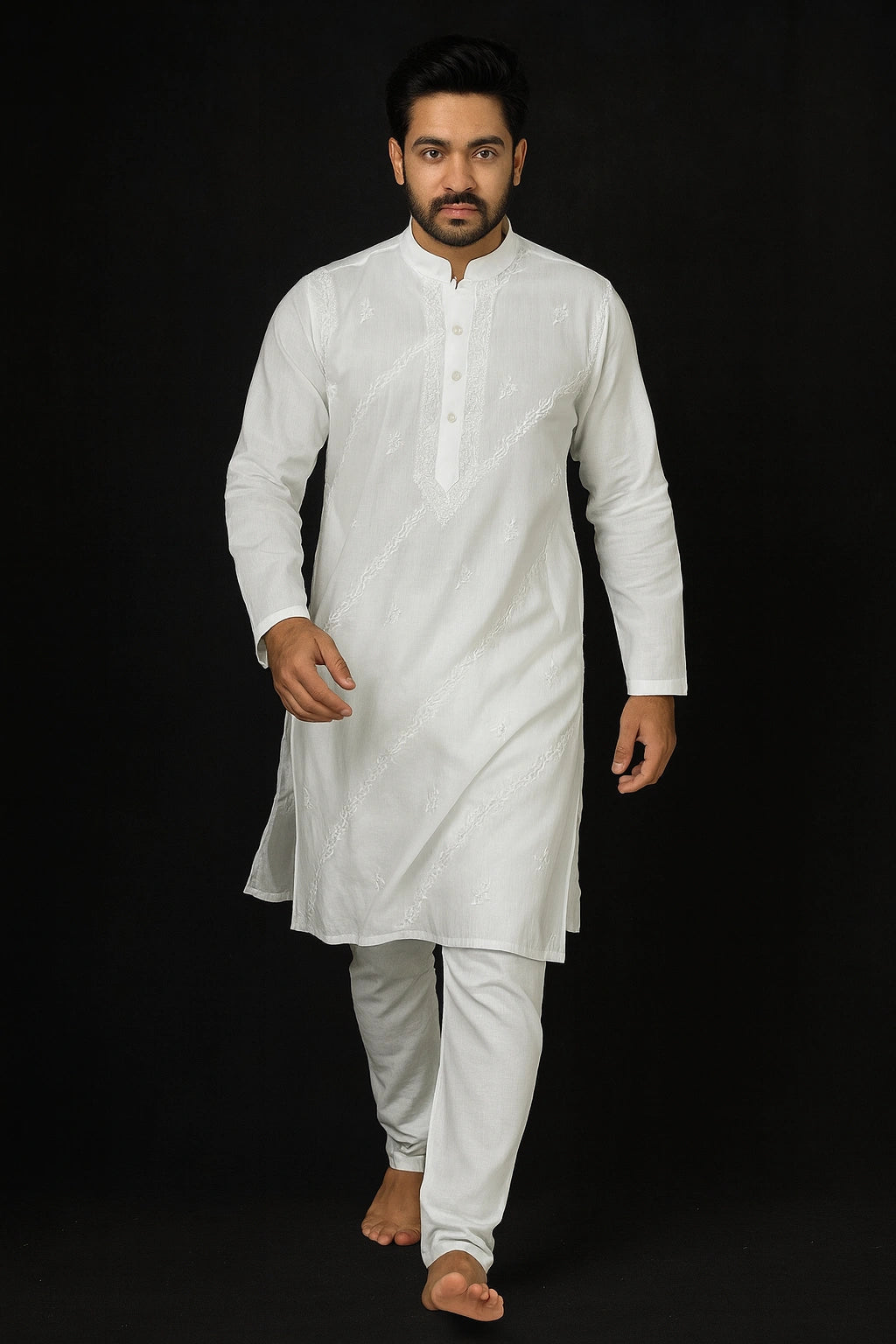 Lucknow Fashion Diary Hand Embroidered Lucknowi Chikankari Men's White Cotton Kurta