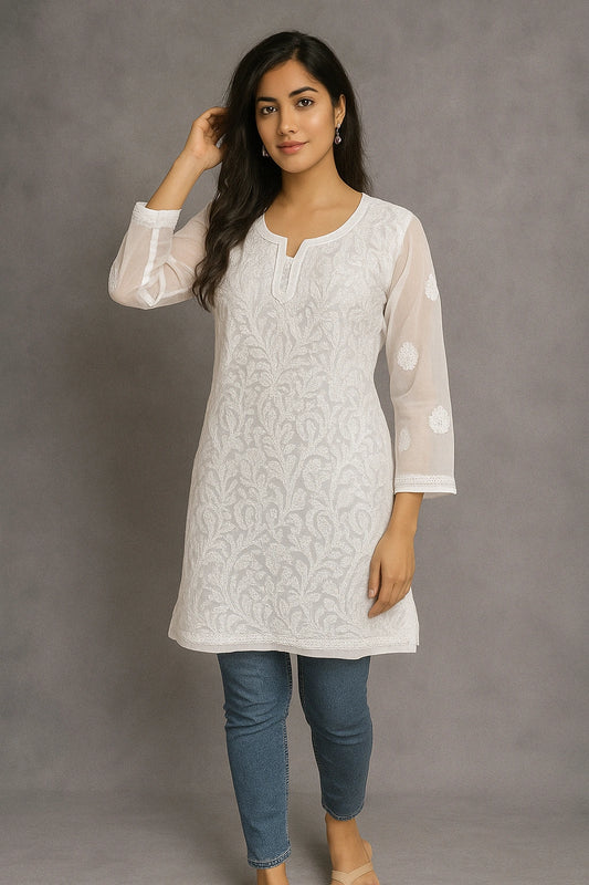 Lucknow Fashion Diary Hand Embroidered Lucknowi Chikankari Women's white georgette Short Kurti 