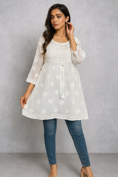 Lucknow Fashion Diary Hand Embroidered Lucknowi Chikankari Women's white georgette Short Kurti 