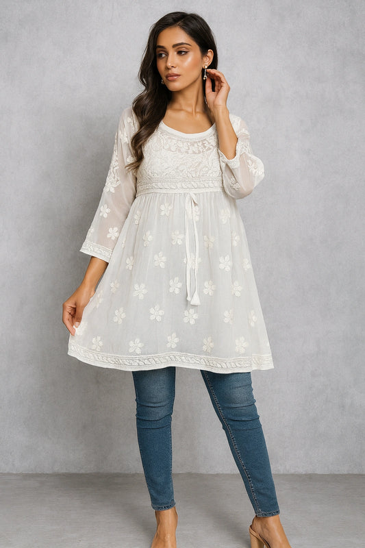 Lucknow Fashion Diary Hand Embroidered Lucknowi Chikankari Women's white georgette Short Kurti 