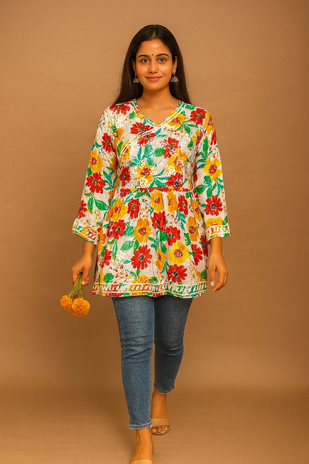 Lucknowi chikankari Woman wearing a colorful floral blouse and blue jeans against a brown background