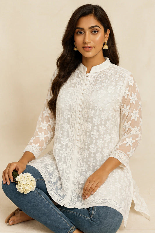 Lucknow Fashion Diary Hand Embroidered Lucknowi Chikankari Women's White Georgette Short Kurti 