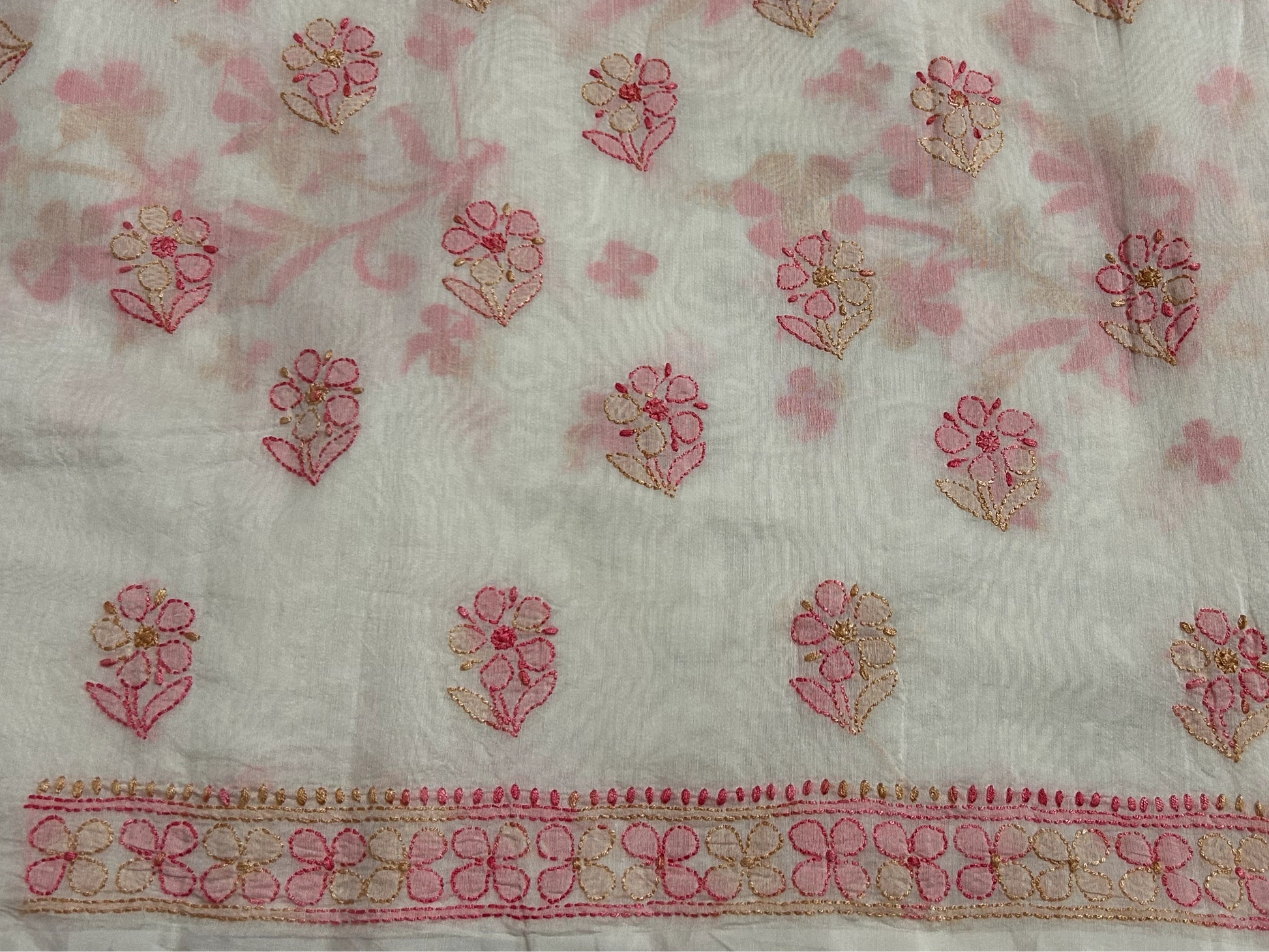 lucknowi chikankari Floral patterned fabric with pink and red flowers on a white background