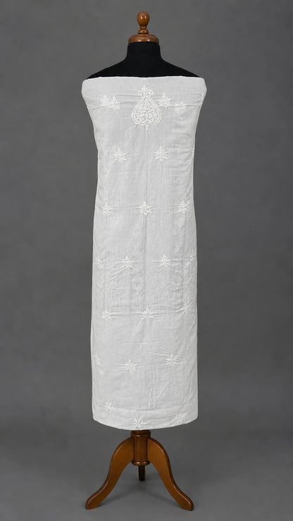lucknowi chikankari White embroidered dress on a mannequin against a gray background
