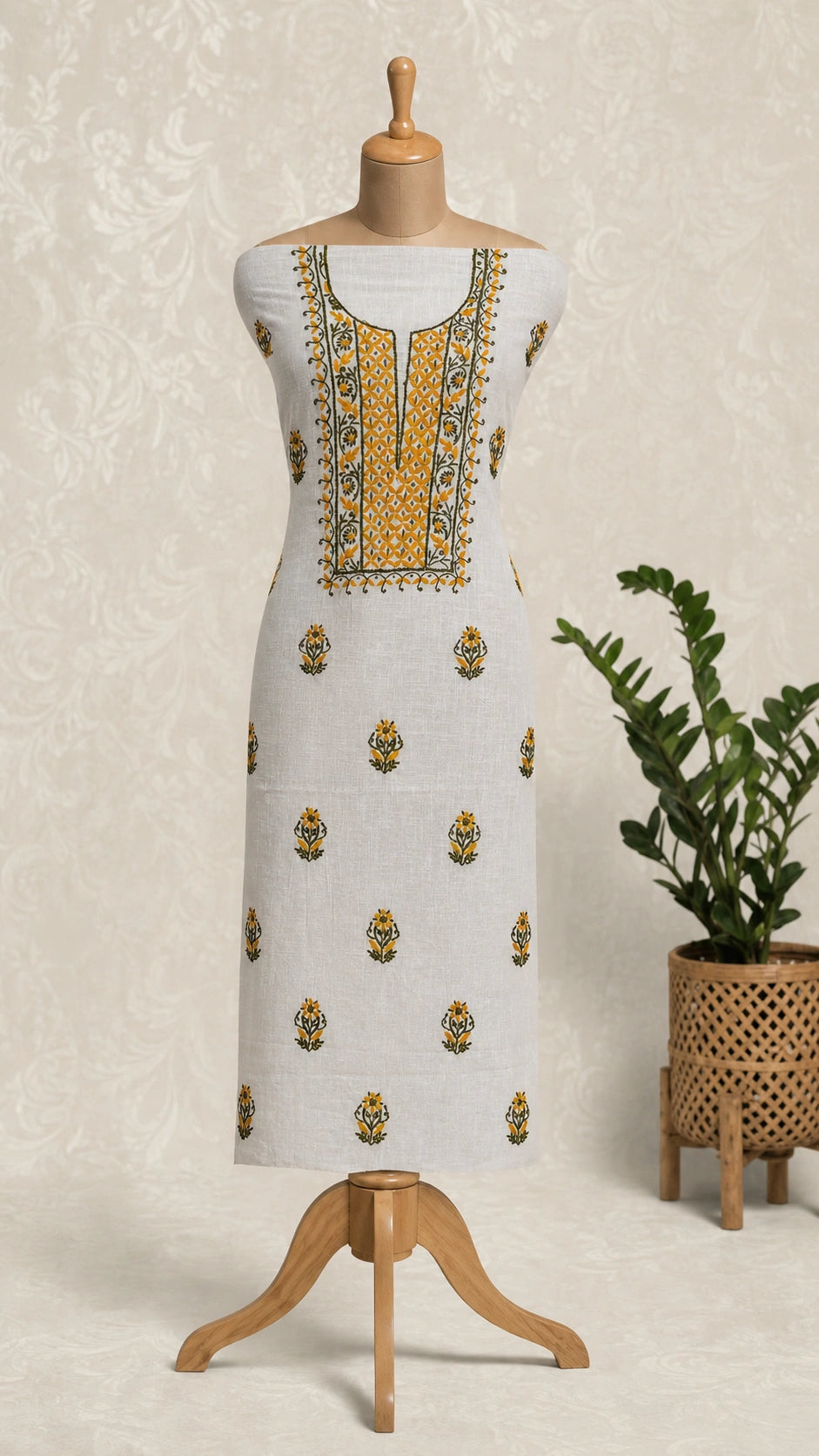Lucknow Fashion Diary Hand Embroidered Lucknowi Chikankari Women's Unstitched white Cotton Kurta Fabric 