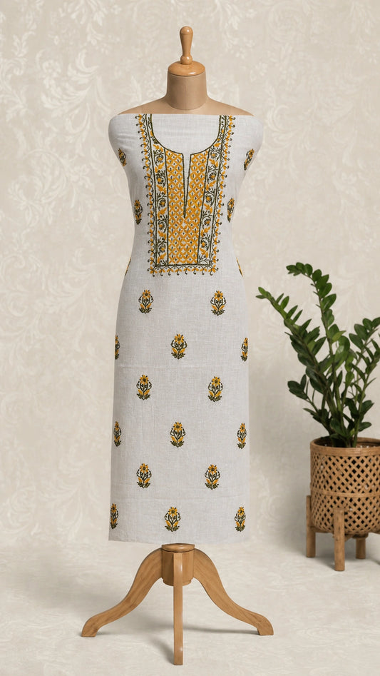 Lucknow Fashion Diary Hand Embroidered Lucknowi Chikankari Women's Unstitched white Cotton Kurta Fabric 