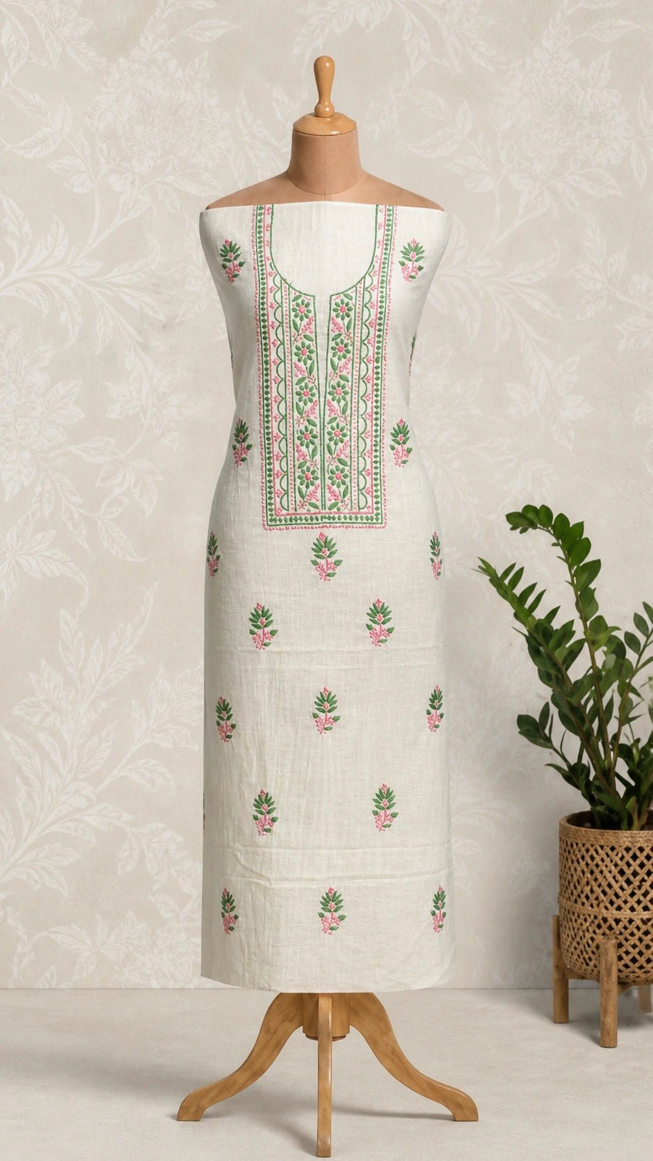 Lucknow Fashion Diary Hand Embroidered Lucknowi Chikankari Women's Unstitched White Slub Cotton Kurta Fabric 
