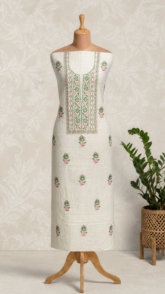 Lucknow Fashion Diary Hand Embroidered Lucknowi Chikankari Women's Unstitched White Slub Cotton Kurta Fabric 