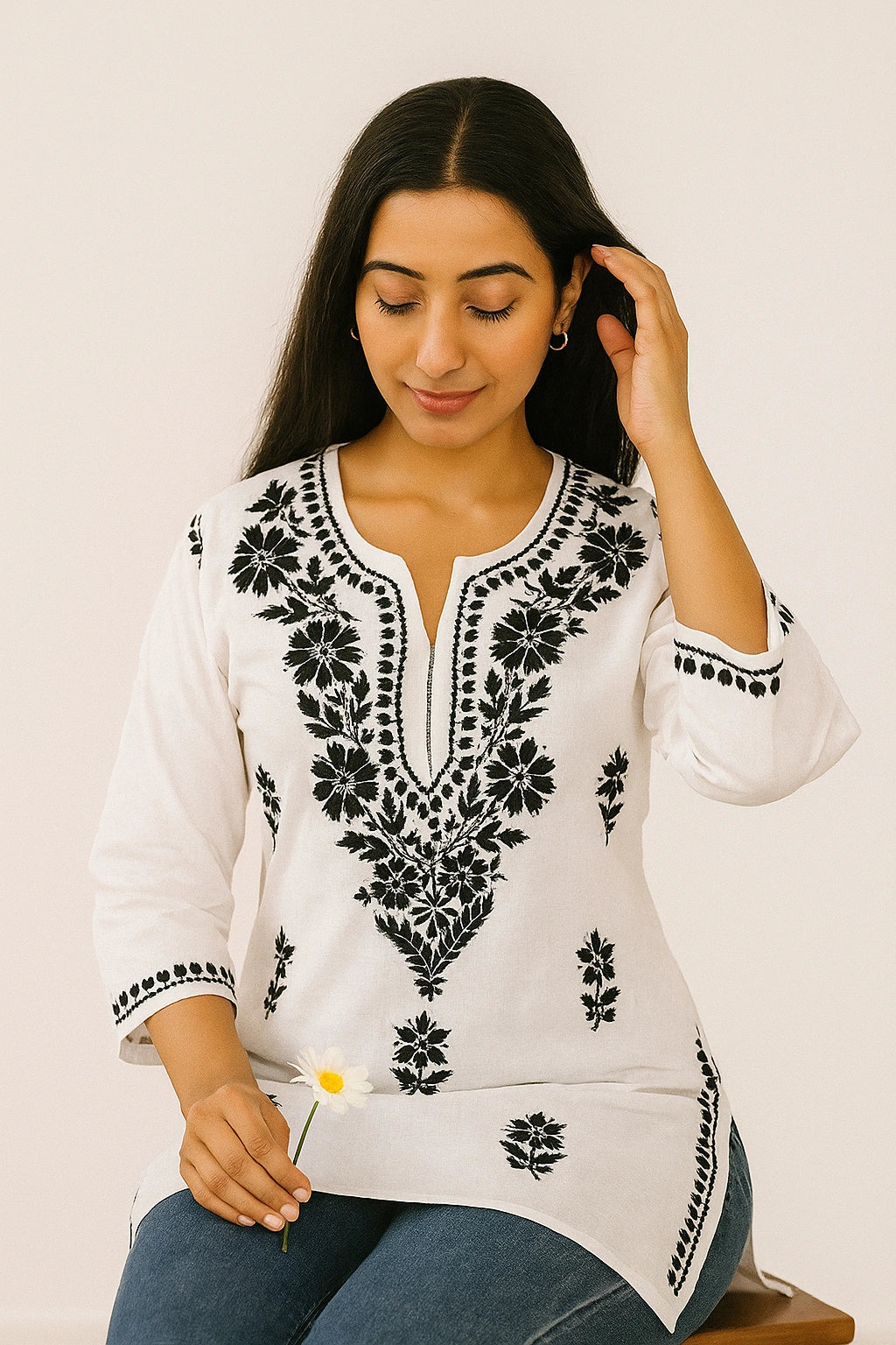 Lucknow Fashion Diary Hand Embroidered Lucknowi Chikankari Women's White Cotton Short Kurti 