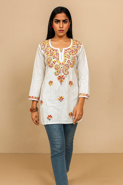 Lucknow Fashion Diary Hand Embroidered Lucknowi Chikankari Women's White Cotton Short Kurti 