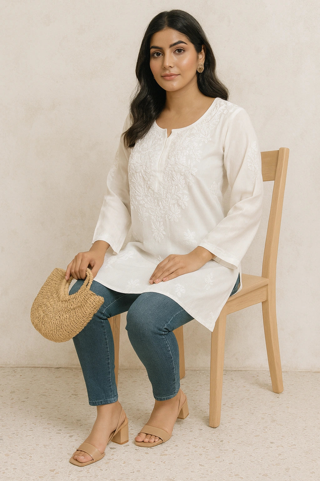 Lucknow Fashion Diary Hand Embroidered Lucknowi Chikankari Women's White  Modal Short Kurti 