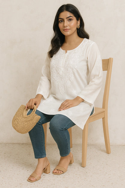 Lucknow Fashion Diary Hand Embroidered Lucknowi Chikankari Women's White  Modal Short Kurti 