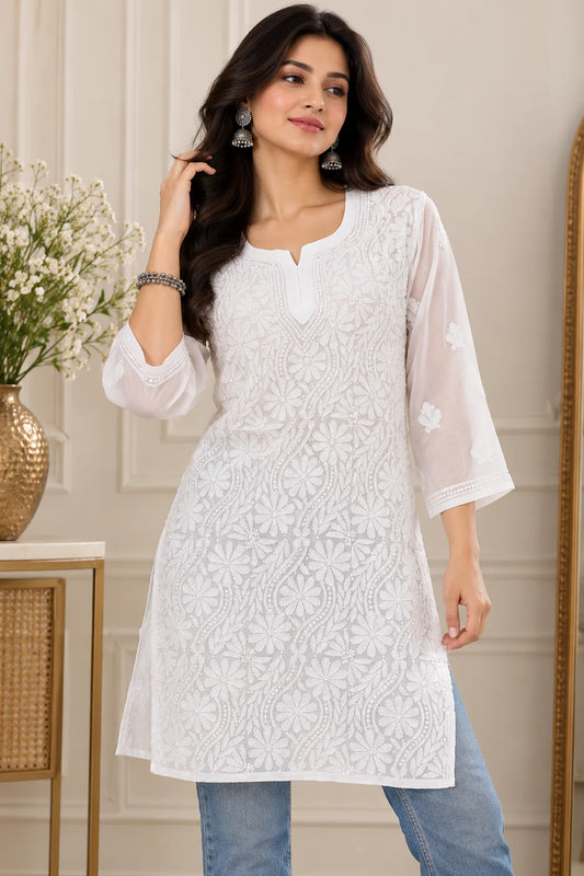 Lucknow Fashion Diary Hand Embroidered Lucknowi Chikankari Women White Viscose Short Kurti 