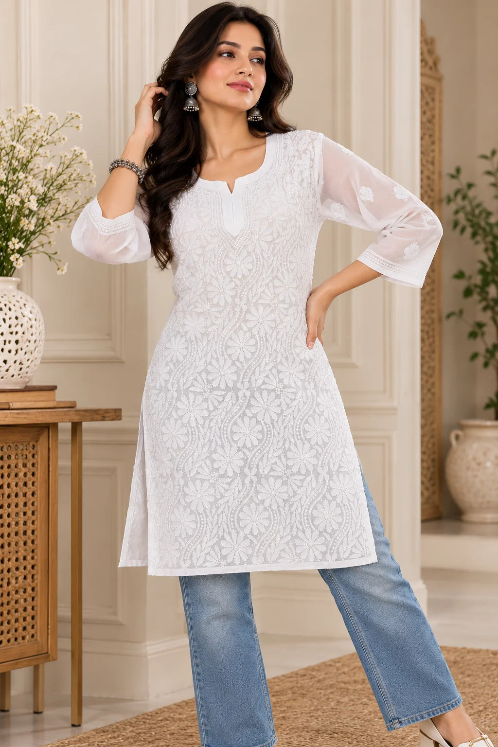 Woman wearing a lucknowi chikankari white kurta with white floral patterns 