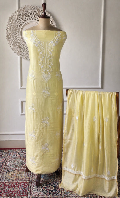 Lucknow Fashion Diary Hand Embroidered Lucknowi Chikankari Women's Unstitched Yellow Chanderi Kurta Dupatta Fabric 