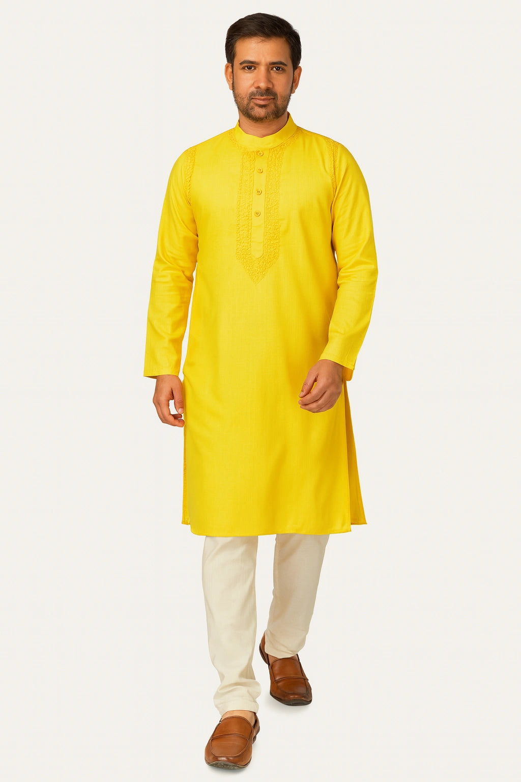 Lucknow Fashion Diary Hand Embroidered Lucknowi Chikankari Men's Yellow Cotton Kurta