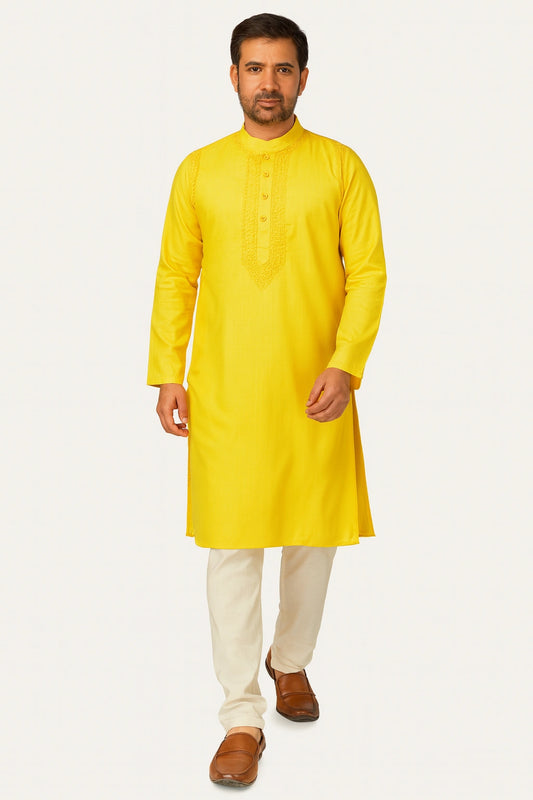 Lucknow Fashion Diary Hand Embroidered Lucknowi Chikankari Men's Yellow Cotton Kurta
